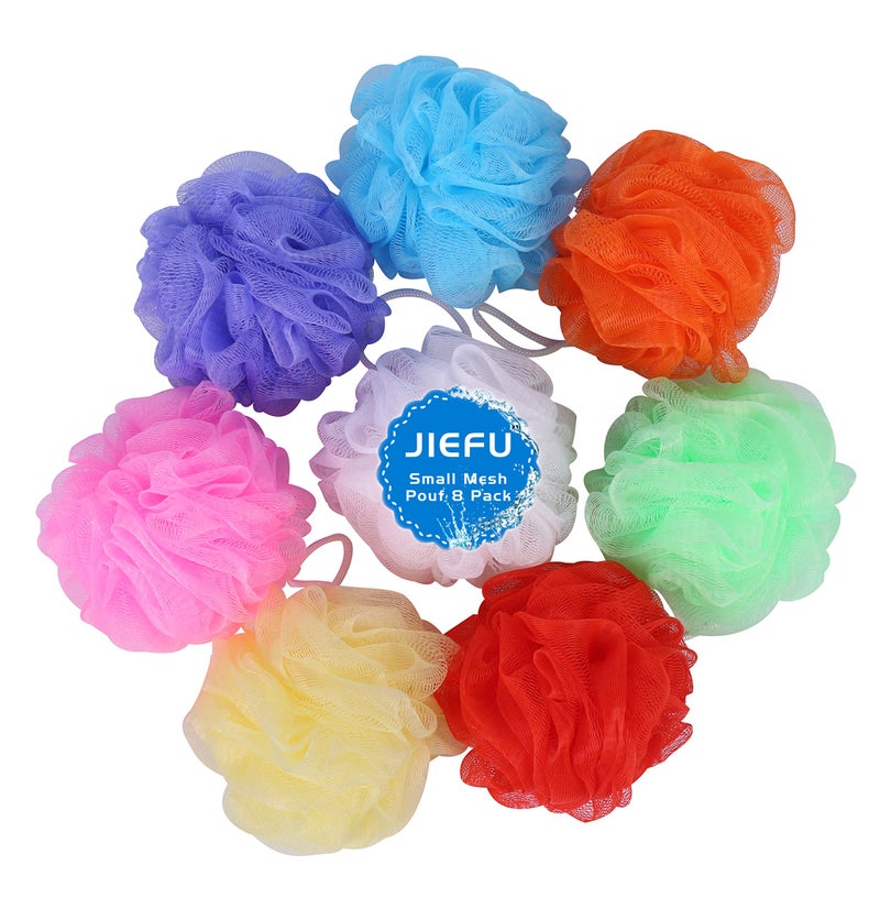 JIEFU Bath Sponges  Small Size Colorful Shower Sponges Exfoliating Mesh Pouf Bath Ball Body Scrubber for Kids Pack of 8 - Image 1